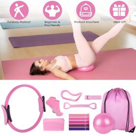 14Pcs Pilates Ring Essentials Kit For Women with Yoga Ball Arm Stretcher 5 Resistant Bands Figure 8 Resistant Band Elastic Band Non-slip Socks Yo (Color: Pink)